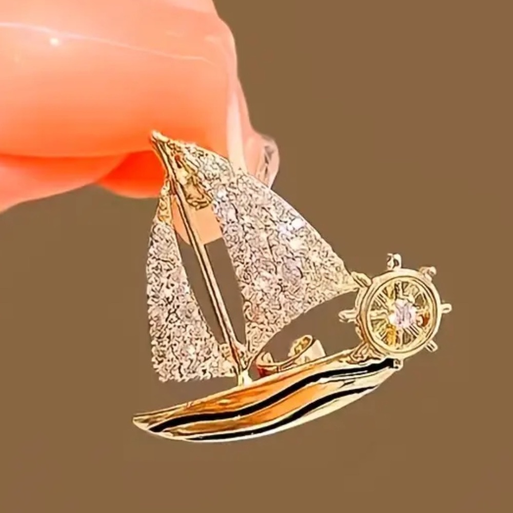 Gold Rhinestone Crystal Sailboat Brooch Pin